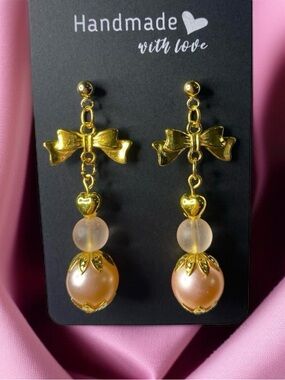 Handmade Gold and Pink Bow Earrings